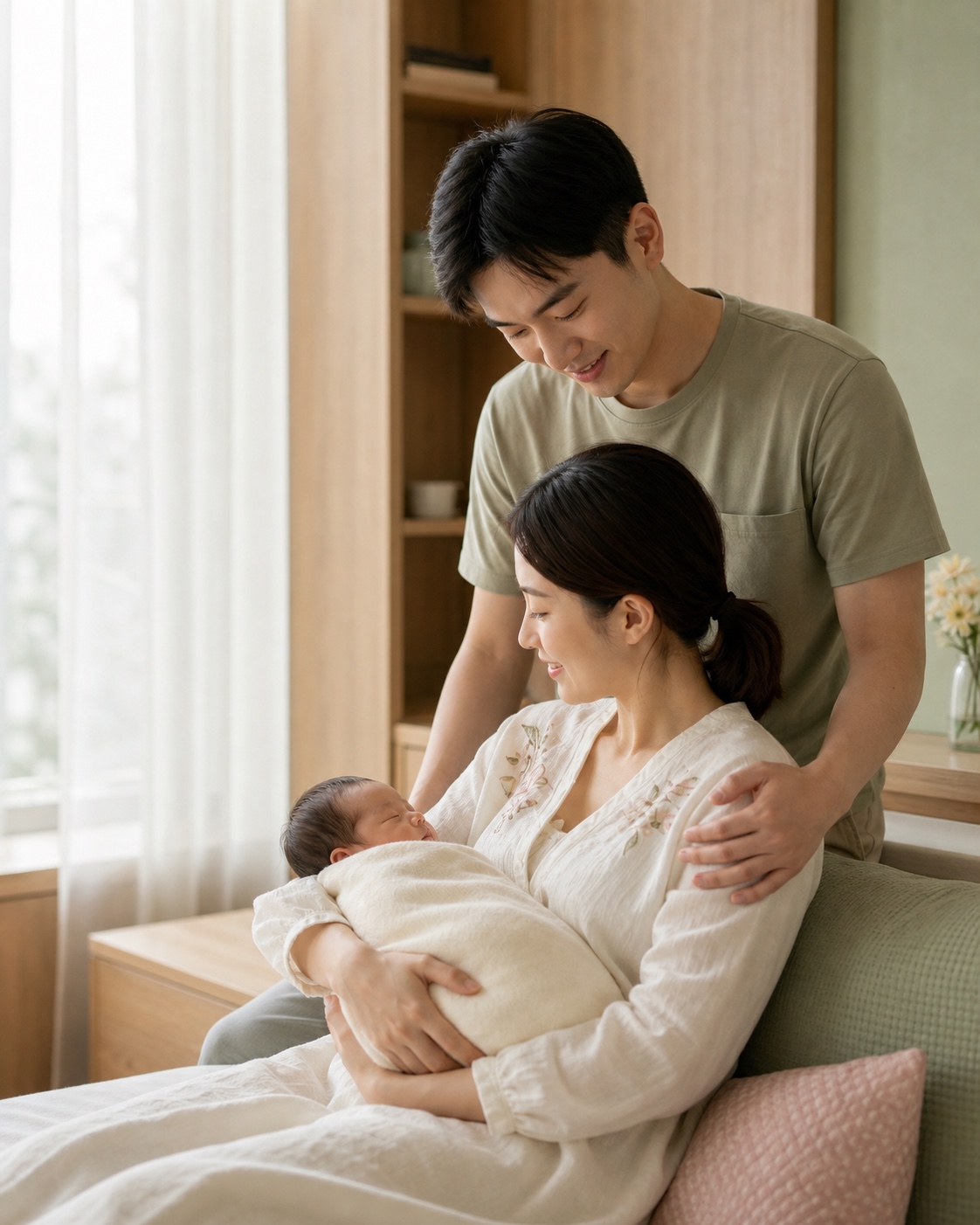 家人陪伴产后妈妈与新生儿的场景